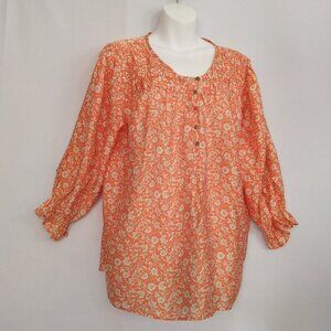 Grand & Greene Shirt Blouse Orange Floral Size Large Smocked Ruffle Wood Buttons